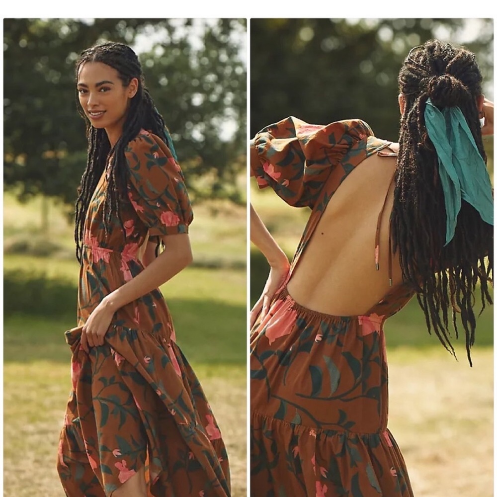 New ANTHROPOLOGIE CONDITIONS APPLY OPEN BACK FLORAL MAXI DRESS IN BROWN S M‎